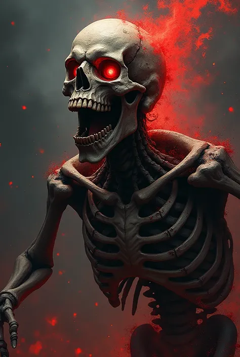 Metal album cover scary skeleton with red glowing eyes shouting thrashers