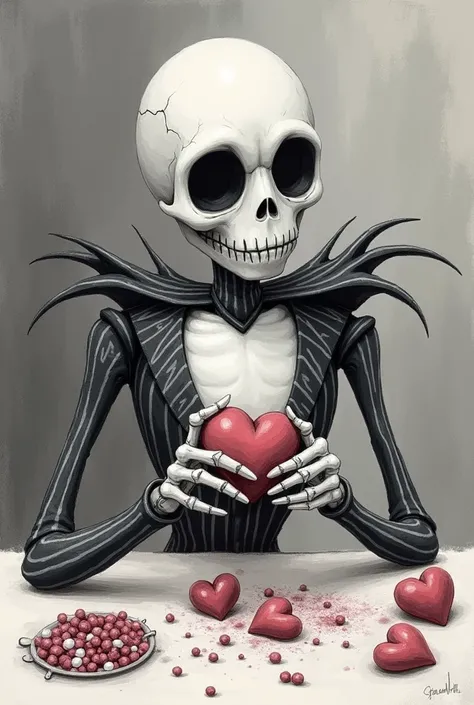 Christmas skeleton jack making a heart, in drawing, To draw and more tender