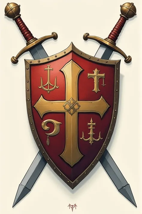 Knights coat of arms with armor and two swords crossing the shield from behind