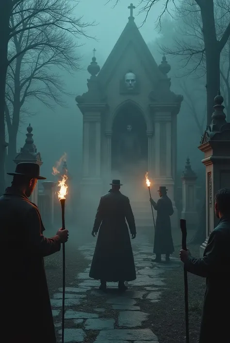  A Victorian cemetery covered in fog ,  where Van Helsing and his allies face a vampire emerging from a crypt, with , stakes and torches illuminating the scene .