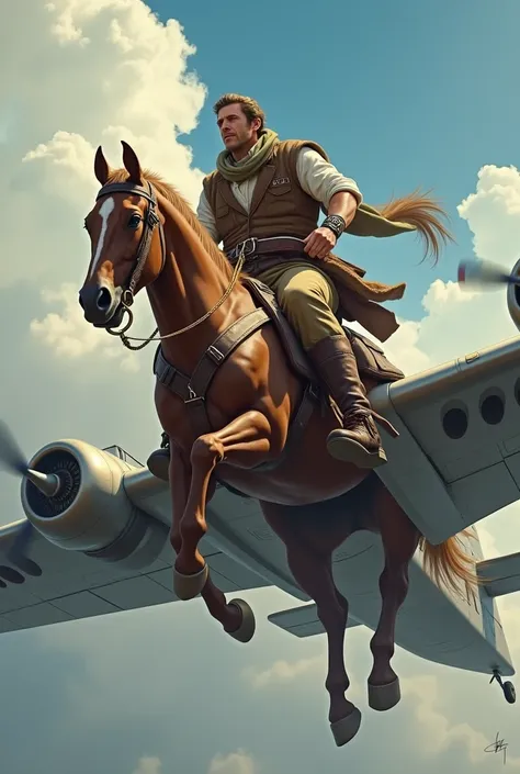 Man on a Horse on top of a plane 
