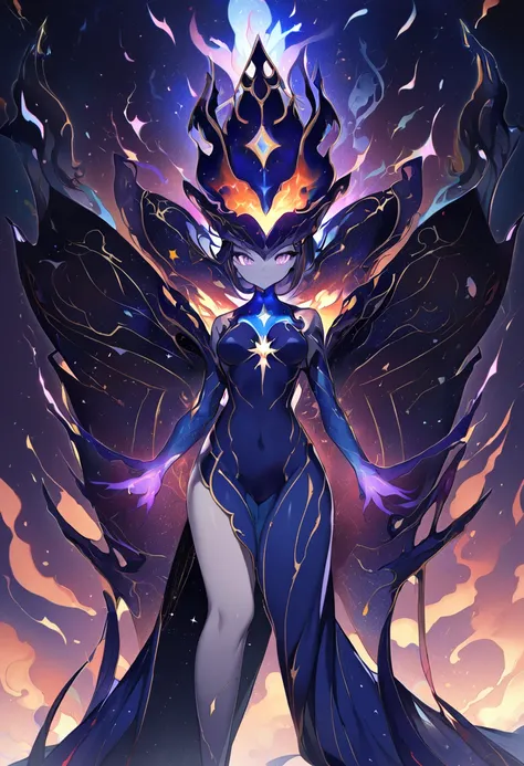 an alien woman with a flaming crown-shaped head, with a star on her chest, has a tail, a slim Miss Universe model body, dark blue body color, 8k high definition