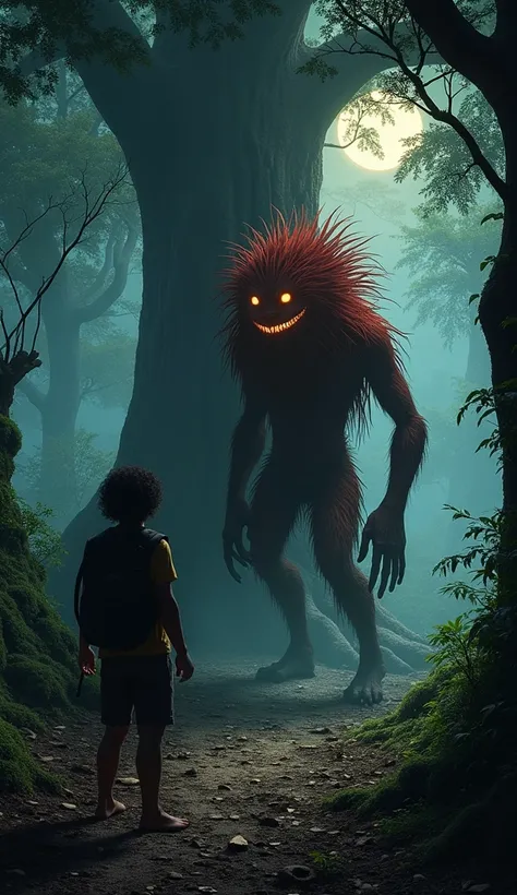 Create an image of a person, seemingly a hunter or explorer, watching the Curupira in a dense forest. The Curupira is a medium-sized creature, with wild red hair and backward-facing feet. His eyes glow intensely, and he has a mischievous smile on his face....