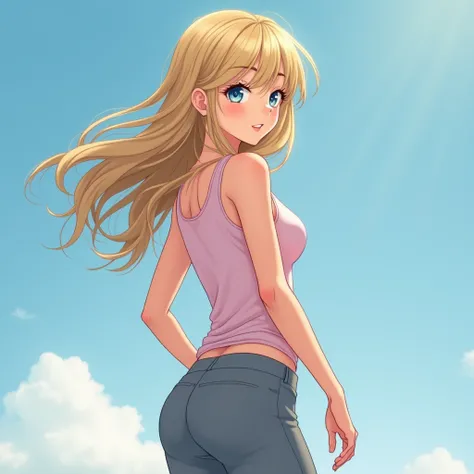 anime girl, long golden blonde hair, blue eyes, pale pink tank top, grey yoga pants, side swept bangs, relaxed pose, round neckline, standing, from behind, looking back over shoulder, hourglass figure, curious face expression, from behind, walking, abstrac...