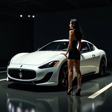  A white Maserati , luxurious and beautiful ,  van is in a private parking lot being exhibited. A young and attractive woman is standing next to the car,  short black dress,  long black hair , Seductive and delicate pose. Opaque illuminated lights ,  Black...