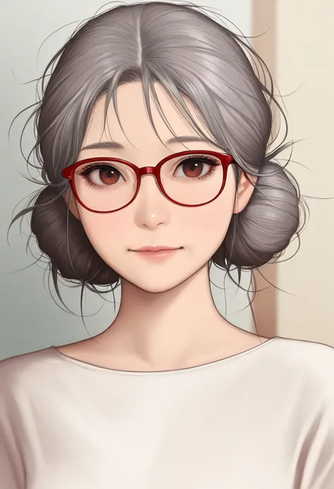 Realistic anime style an old elderly lady with grey hair an wrinkles big bun high up bun messy hair round red glasses brown eyes top knot bun score_9_up, score_8_up, masterpiece, best quality
