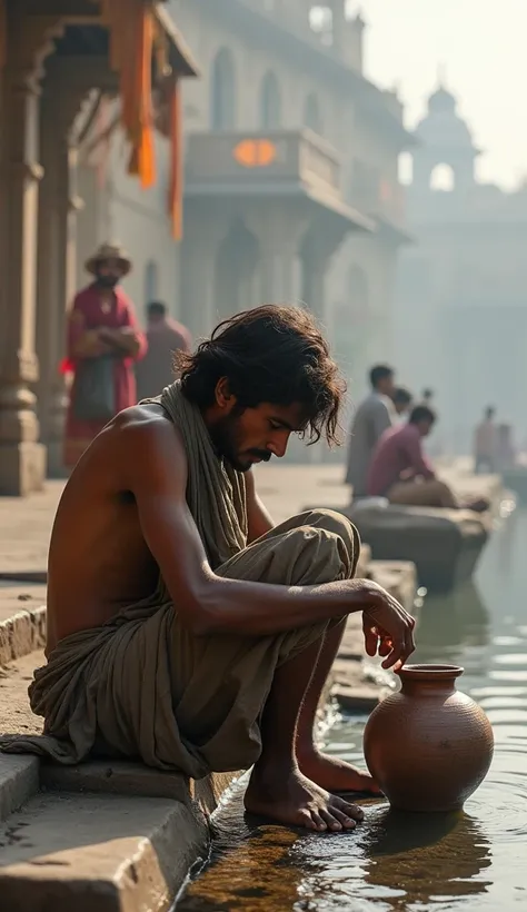 A young beggar man is sitting near Kashi Ghat and drinking water from a water pot(kamandal) ancient time realistic 