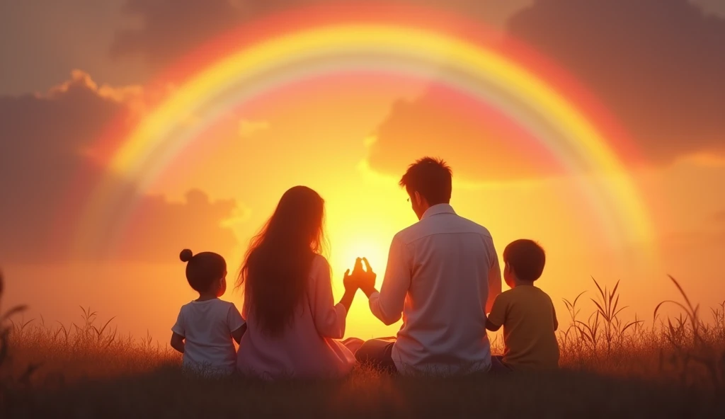 A family of four, sitting outdoors,  praying together during sunset .  The sky is full of warm colors and a rainbow visible in the background,  symbolizing Gods faith and protection . The scene conveys peace and trust ,  with prayer being a way of seeking ...