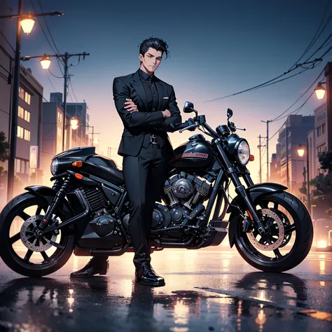 Create an image of a muscular man (tall) 51 years old with black short hair((Quiff hairstyles)) , handsome,blue eyes, face details, wearing a Black shirt layered with a black suit. He is dressed in black slack , black motorcycle gloves, and black combat bo...