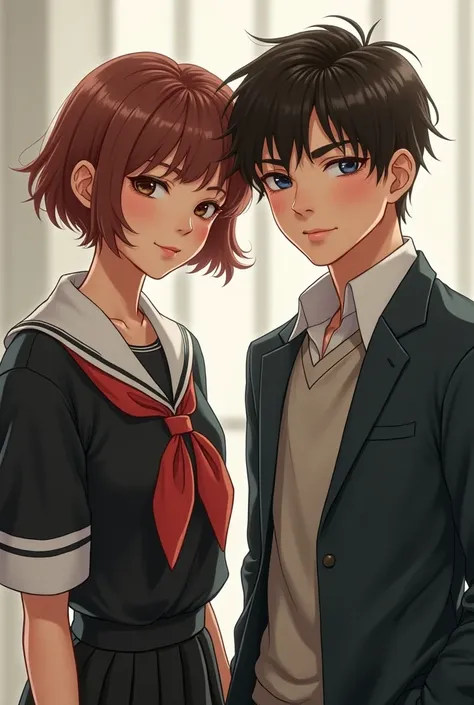 A short-haired judes-faced chick and a handsome guy next to each other. Both wore school uniforms. Realistis 