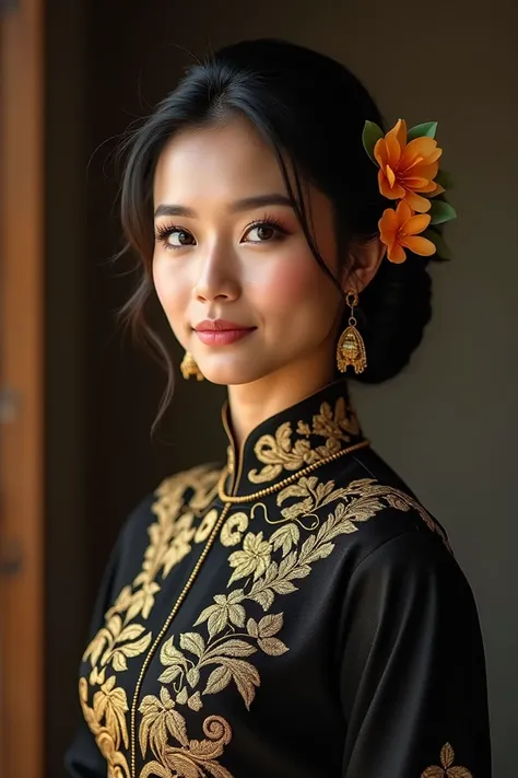 Beautiful young Indonesian woman, wearing a black traditional Javanese wedding dress with gold ornaments, with an elegant bun decorated with two jasmines, ultra realistic, detailed, ultra HD.