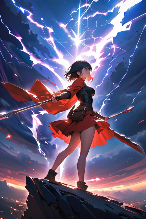 1 girl, (beautiful face), young adult, Pixie cut, (focused gaze:1.3), large breasts, fit, (wearing a battle-ready outfit with a skirt), knee-length, (powerful pose),  
   BREAK  
   on a hilltop, surveying a vast kingdom, (brandishing a spear:1.2), stormy ...