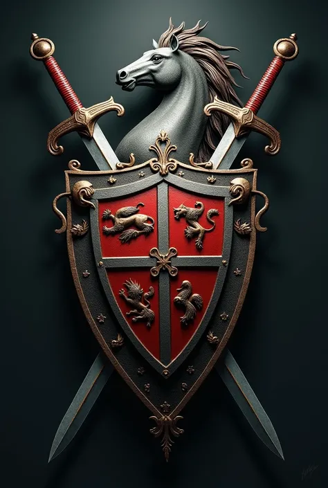 Shield coat of arms with fantastic horse and two swords crossing the shield from behind