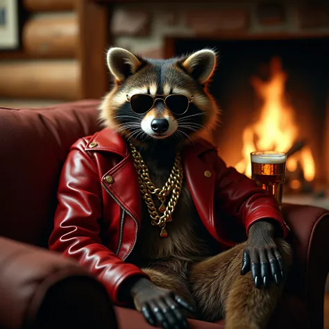 Inside the log house、fireplace、An unscrupulous raccoon dog sitting on the couch 、Wearing a red leather jacket 、 wearing teardrop sunglasses 、 wearing 2 gold chain necklaces、 with a beer mug in one hand、 face up、Dramatic