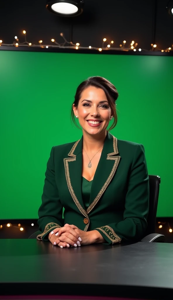 In a sleek, modern TV studio, a Brazilian woman in her 50s, with sun-kissed fair skin and a fuller figure, styled as a modern Carioca JOURNALIST, sits at a minimalist, matte black news desk. She wears a high-fashion dark green tailored blazer with intricat...