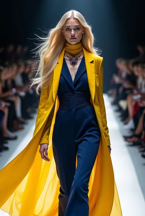 Fashion show, blonde woman, very long blond hair, dark blue eyes, with navy blue suede dress sewn in pieces, length to the knees, high boots, yellow tulle coat, silk scarf around the neck, amethyst jewelry,
