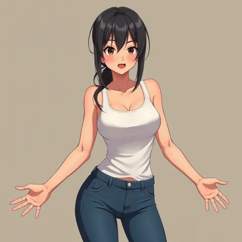 anime girl, dark hair, slight tan, jeans, tight fitting white tank top, low ponytail, anime, arms Opened wide, calling for hug, opened arms, form-fitting tank top, slightly leaning over to viewer, inviting for hug