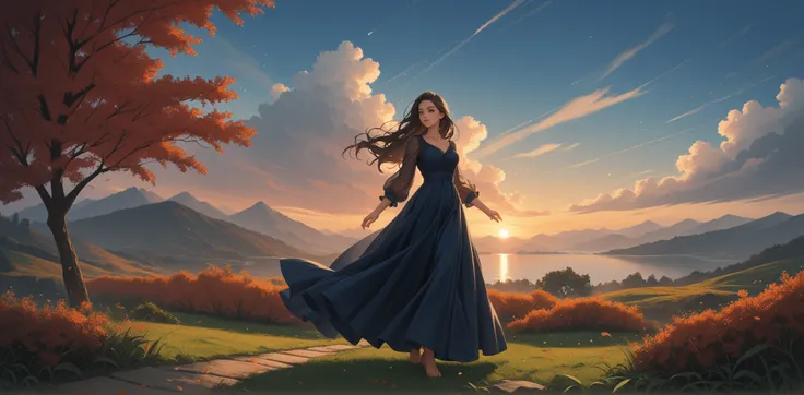 woman looking at the horizon, sunset, dark sky, dark blue dress, long dress with silver details,  well lit ,  depth of field,  long straight hair ,  Dark Brown Hair, Huge hair in the wind, highly detailed,  high contrast ,  best quality ,  masterpiece ,  h...