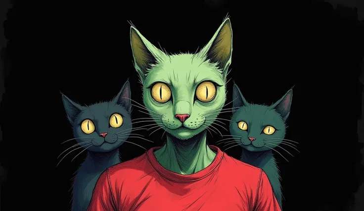 2 gatos, um macho e uma fêmea, a fêmea está com blusa rosa. namorados. style: a striking, surreal illustration against a stark black background. At the center is {prompt} drawn with sketchy, textured lines and a pale green face, conveying an expression of ...