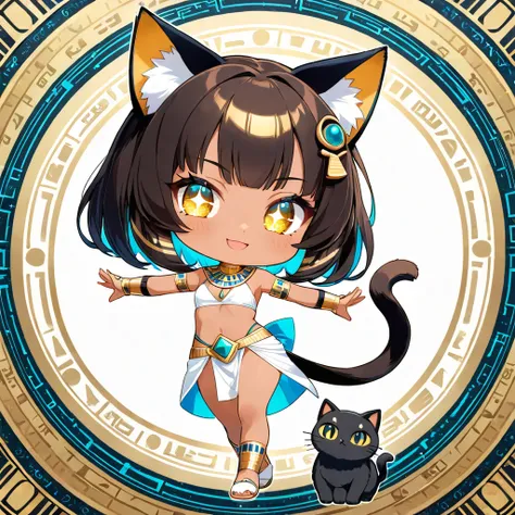 "Chibi Bastet girl, tan skin, dark brown bob, cat ears and tail, large sparkling eyes, white-gold Egyptian outfit, confident pose, arms outstretched, smiling. Background: teal-gold concentric circles, Egyptian hieroglyphs, geometric patterns. Two black cat...