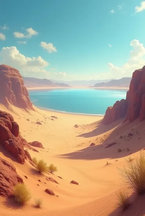 A beautiful desert with a lake in the distance 