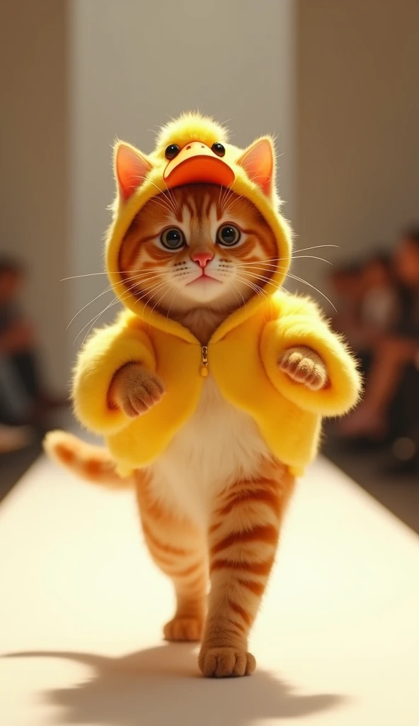 (Photorealism: 1.2), a cute ginger cat, wearing a cute duck costume, walks down the runway smiling