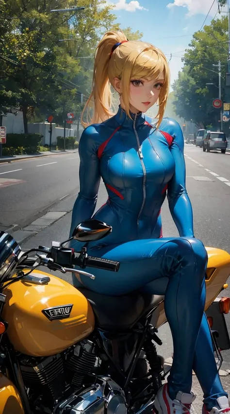 best quality, masterpiece, ultra-detailed, BikerC, riding, sitting, on motorcycle, highres, samus aran, ponytail, hair tie, blue bodysuit, 