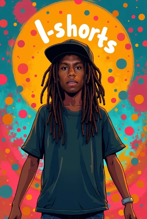  I want a colorful background with many colors of circular and square shapes and brush spots ,  and a teenager wearing a black cap and dark eyes , who has dreadlocks  , And let him be brown ,  with half a body in the center with his arms extended and above...