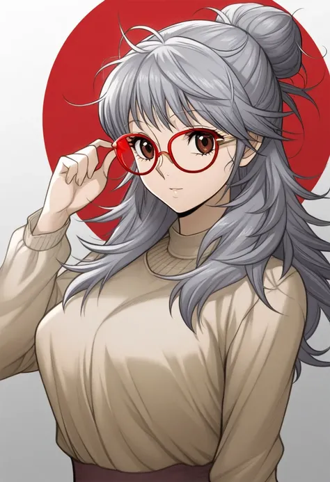 HunterXHunter anime style an old elderly lady with grey hair an wrinkles big bun high up bun messy hair round red glasses brown eyes score_9_up, score_8_up, masterpiece, best quality
