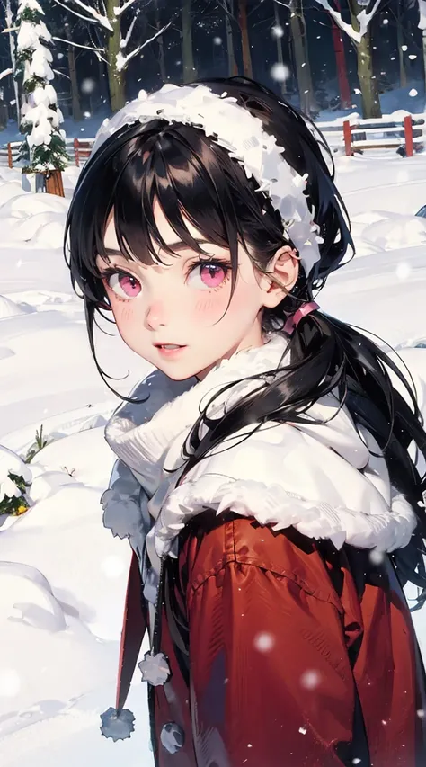 cute , pink eyes, chrismas clothes, chrismas, snow, snowing