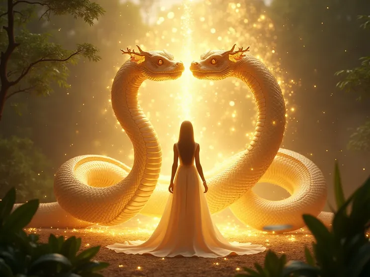 
Une scène où le serpent commence à se transformer, entouré d’un halo magique et Une lumière dorée émanant devant Aissatou la princesse sénégalaise