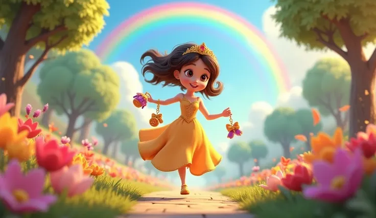 a beautiful princess is running carrying 3 keychains in the rens park. The background is a beautiful rainbow and colorful flowers instantly, just like in a fairy tale, 3D animation