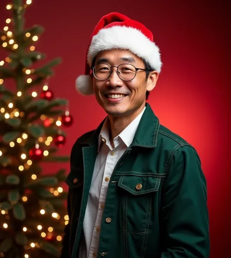 Hansome asian man 55 years short cut dark brown hair, thin hair, high resolution details, wearing eyeglasses white shirt and dark-green jacket, Santa hat, professional photos studio, dark red smokey and sparkling stars background, huge chrismas tree, Chris...