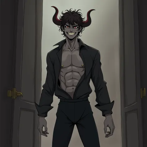 
" A male incubus standing , barefoot, with grey-toned skin.  He has short hair , very dark brown , almost black, curly, And small horns of the same skin color .  He is wearing an open black dress shirt , revealing her abdomen ,  highlighting its infernal ...