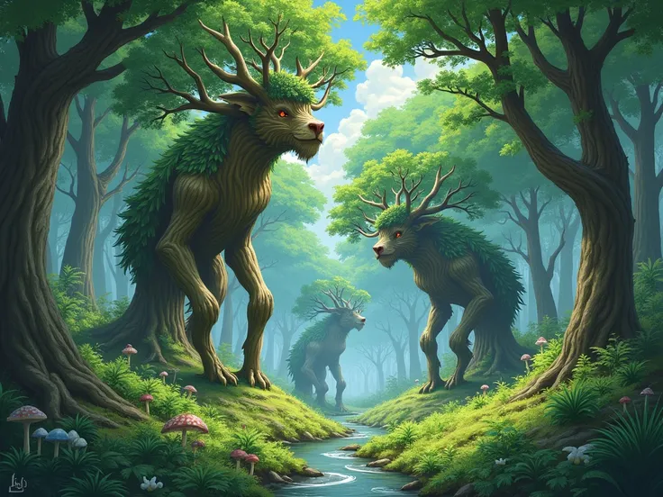 anime, trees with 4 legs,  medieval forest .