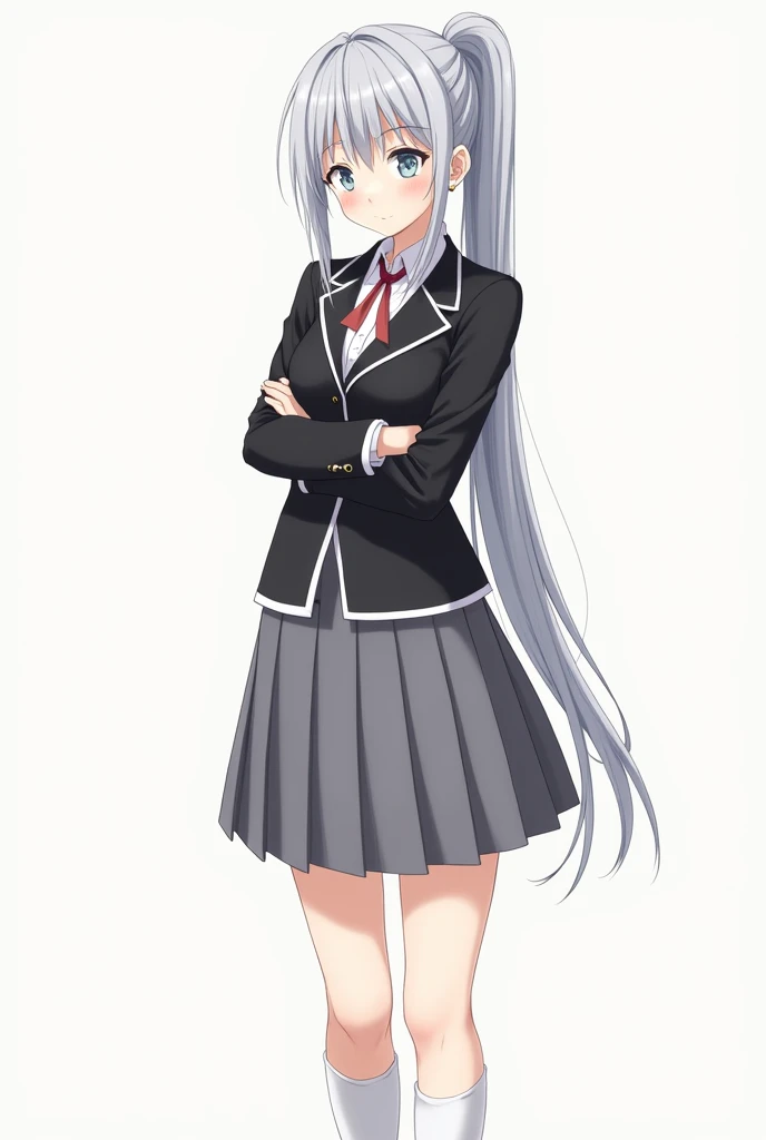 An anime and manga-style illustration of a 16-year-old young woman. She has long, silver hair styled into an extremely long ponytail that reaches almost to her ankles, with a few loose strands framing her face. Her eyes are light blue, expressive, and conv...