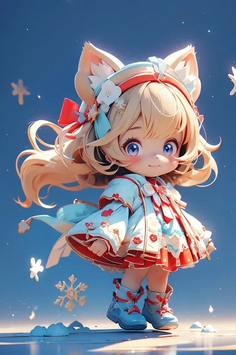  cute girl, 1 person,  red and white gothic dress , Cat ear headband,  bright smile next to the gorilla, Blonde, cute 3d cartoon style ,  accurate anatomy,  High Resolution Textures ,  animated characters skiing , ((Tons of beautiful snowflake backgrounds ...