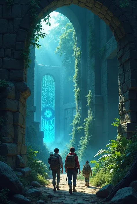 Illustrate a group of adventurers exploring ancient ruins with towering stone arches glowing faintly with intricate blue runes, set against a dark jungle backdrop