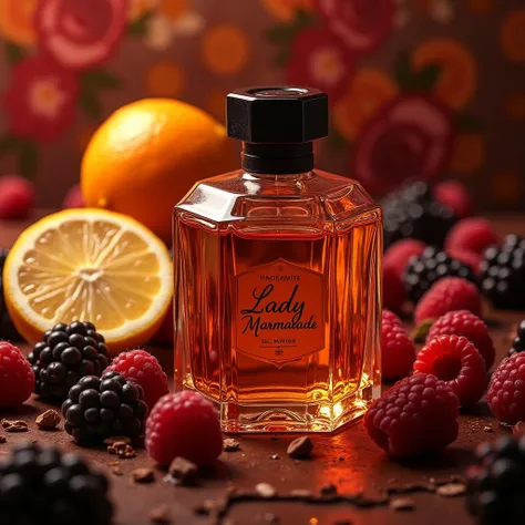 Lady marmalade perfume,  on a background of marmalades of different colors, berries and chocolate .