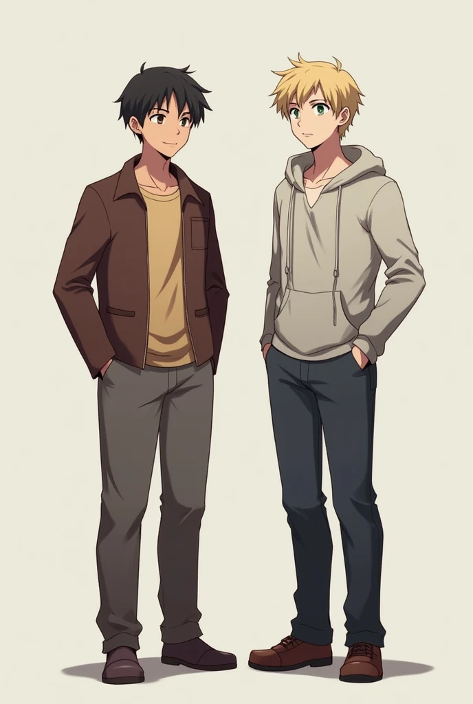  Both characters stand side by side, one cheerful and one moody .