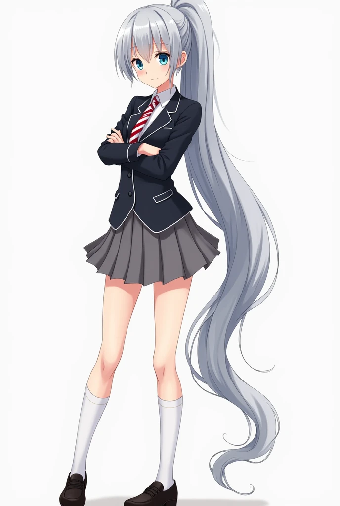 An anime-style illustration of a 16-year-old young woman. She has long, silver hair styled into an extremely long ponytail that reaches almost to her ankles, with a few loose strands framing her face. Her eyes are light blue, expressive, and convey confide...