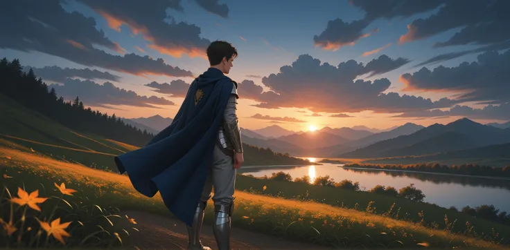 Horseman looking at the horizon, man, sunset, dark sky, dark blue cape,  silver armor,  well lit ,  depth of field,  Dark Brown Hair, hair in the wind, highly detailed,  high contrast ,  best quality ,  masterpiece ,  high definition , mountain, Lake, gard...