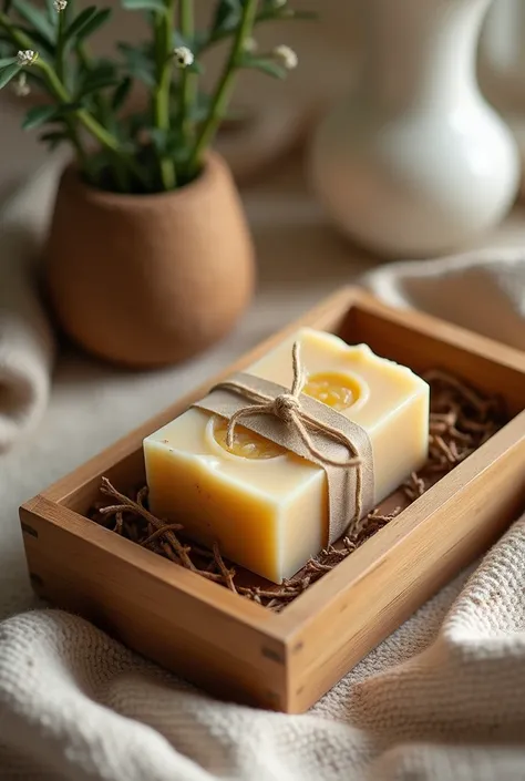 A natural kit with a handmade soap 
In a box