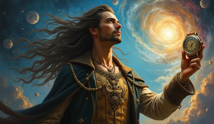 Beautiful man with long hair exploring space and time with his watch on his side
,17th century 