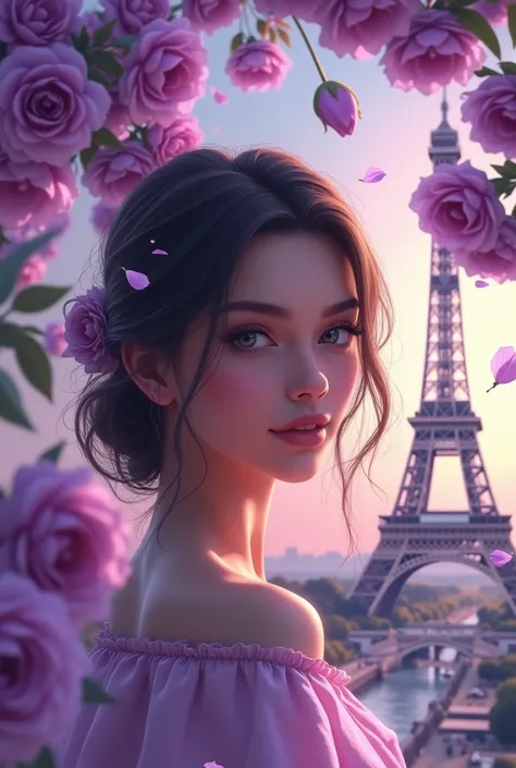  Marisol created with purple roses that fall, and in the background the Eiffel Tower  