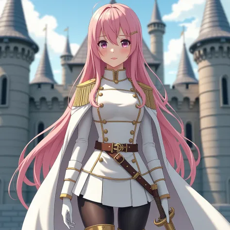 Japanese female teenager 、Pink straight long hair、Military uniform with gold thread embroidery on pure white 、  white knee-high boots 、no gloves、 miniskirt、 black tights、The background is in front of a medieval European-style castle、 high definition 、 Real...