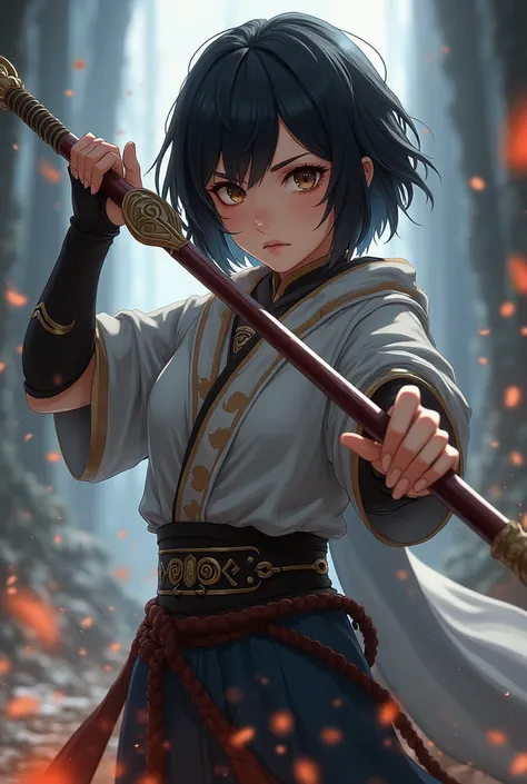 Short black hair girl, brown eyes and fair skin .  With a spear
Genshin Impact style 
Accompanied by Xiao