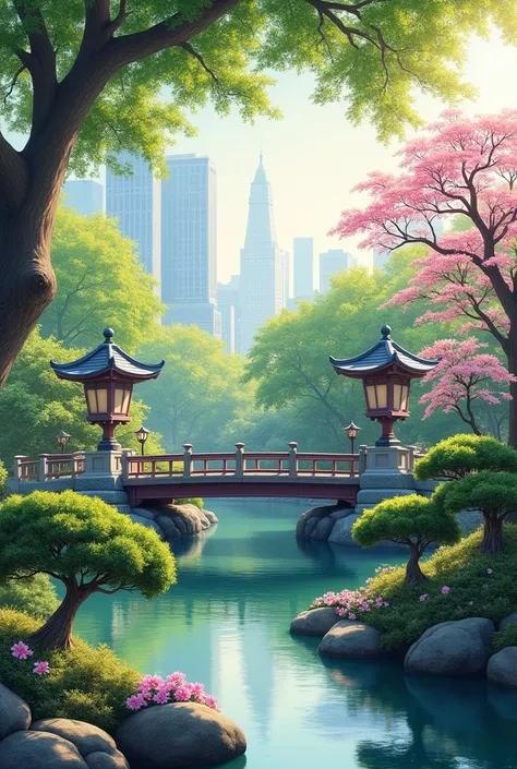 Japan, garden, city, Painting,  scenery in the morning only,  High Quality , Japanese style