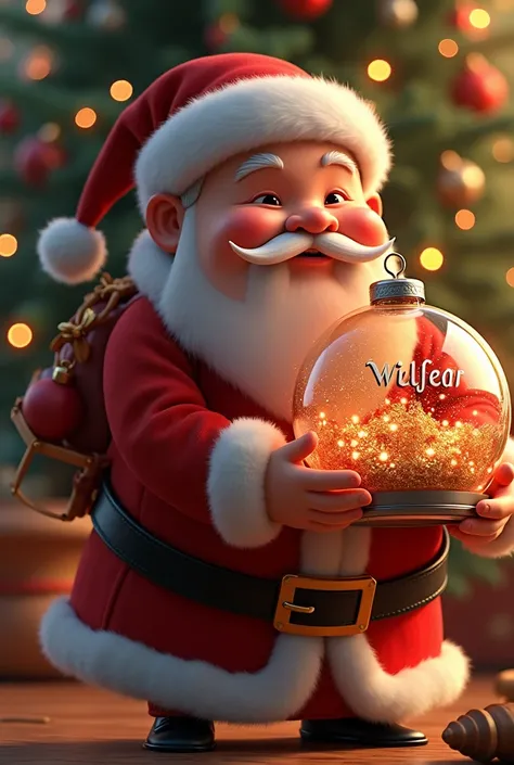 Realistic animated Christmas image of a fat man ,  with a moustache, white mustache and Chinese eyes carrying a Christmas sphere that says Wilfredo with a Christmas tree in the background