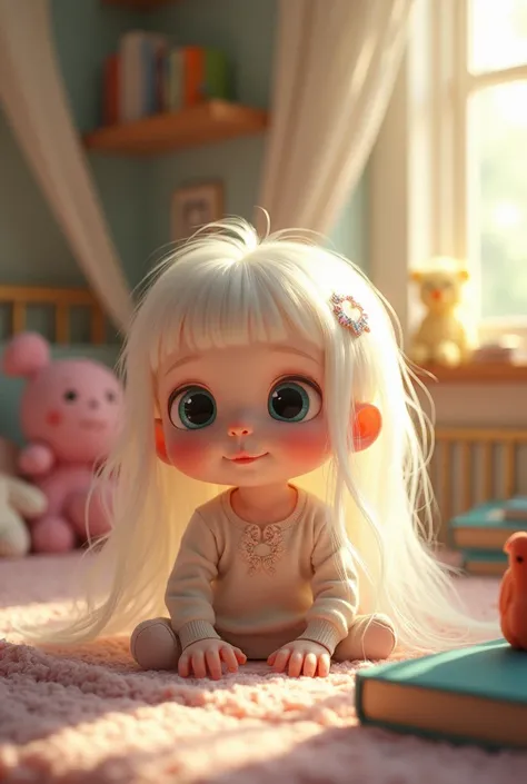 Pixar-like poster of a half-realistic Albina baby 
with half long hair in her room